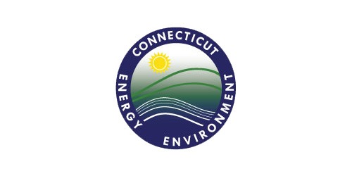 The image features a circular emblem with a scenic depiction of sun, hills, and water, inscribed with "CONNECTICUT ENERGY ENVIRONMENT" on a white background.