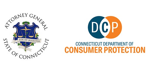 The image displays two logos side by side. On the left, the Attorney General's emblem for the State of Connecticut; on the right, the Connecticut Department of Consumer Protection logo.