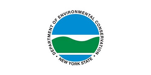 The image displays the logo of the New York State Department of Environmental Conservation, featuring a green wave design inside a blue circle with white text.