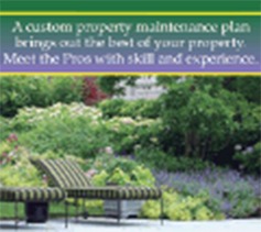 This image shows a lush garden with text overlay promoting a customized property maintenance plan, highlighting the expertise and skill of the professionals involved.