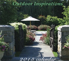 The image shows a lush garden path leading to a gazebo with a text overlay "Outdoor Inspirations" and "2013 calendar," indicating a calendar cover or theme.