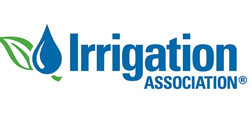 The image shows a logo with the text "Irrigation Association®" in blue. It features a water droplet and a leaf symbolizing water conservation and plant care.