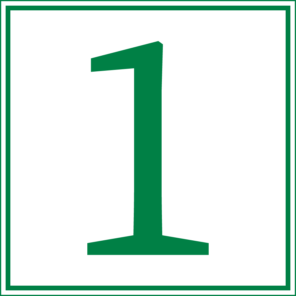 The image shows a bold green number one centered on a white background, framed by a double green border. Simple, clear, and graphic.