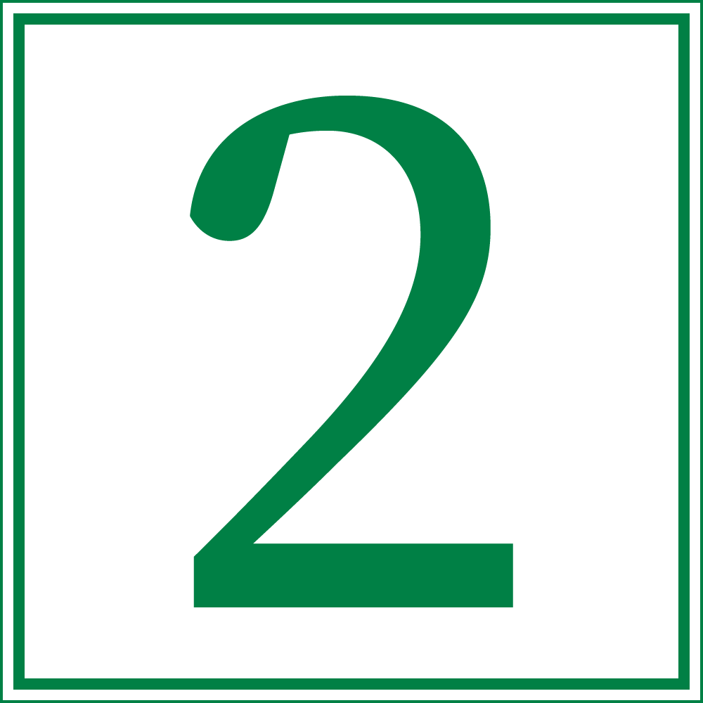 The image displays a bold green number two centered within a white square, bordered by a thin green line. The font is sans-serif and thick.