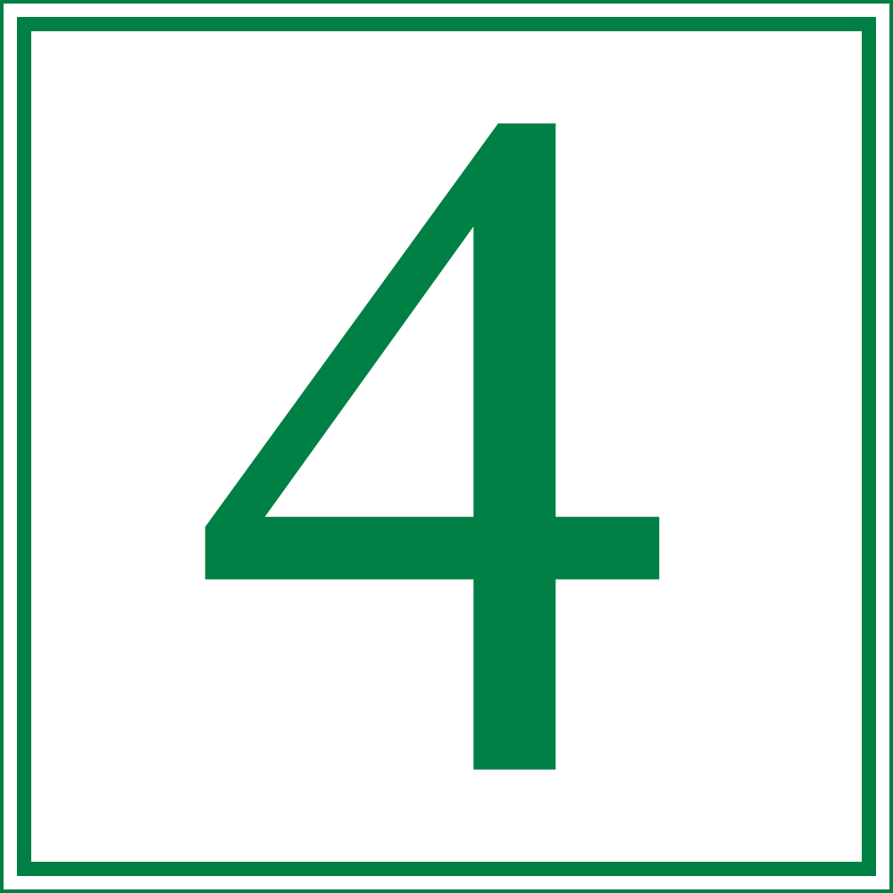 The image shows a bold green number four centered within a white square, bordered by a thin green line. Simple, clean, and graphic design.