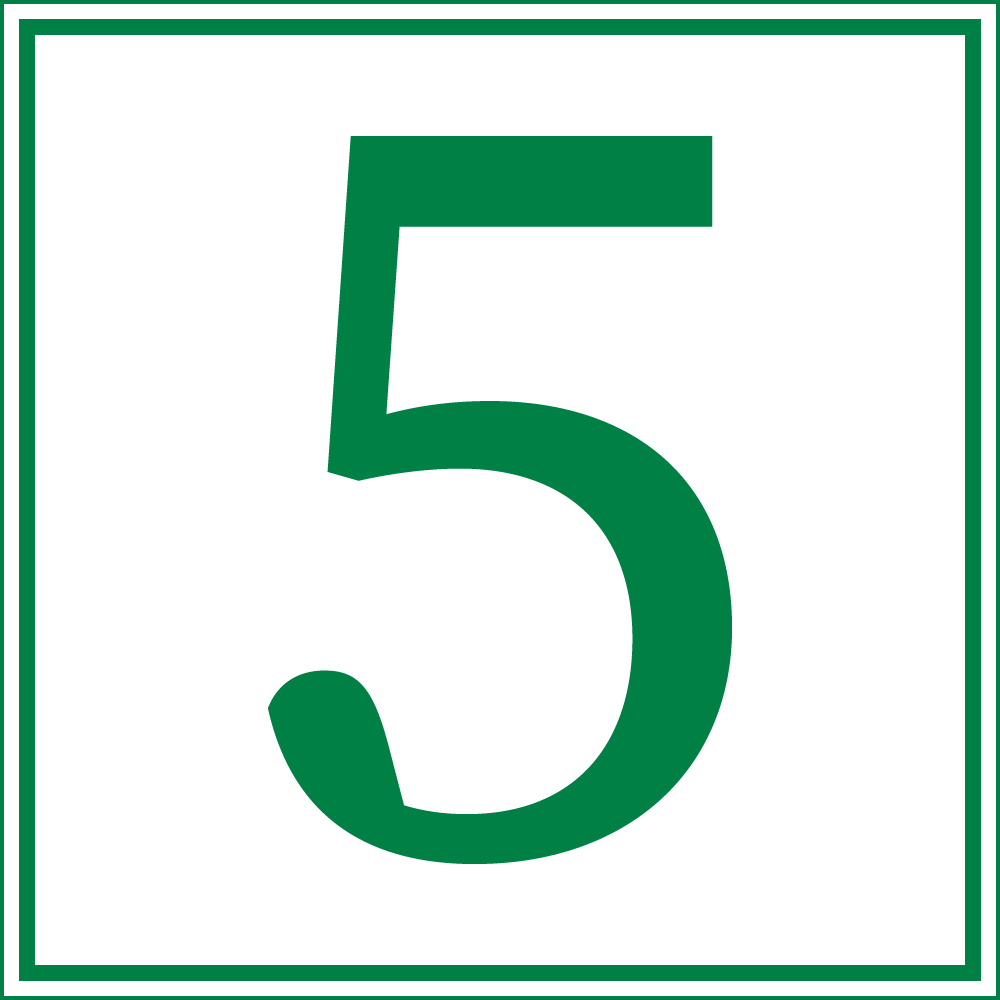 This image displays a large green number five centered within a white square, surrounded by a green border. It has a bold and simple design.