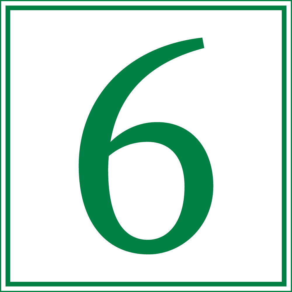 This image shows a large green number six centered in a white square with a double green border. It has a simple, bold design.