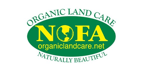 The image displays a logo with text "ORGANIC LAND CARE NOFA," a website "organiclandcare.net," and the slogan "NATURALLY BEAUTIFUL" on a green background.