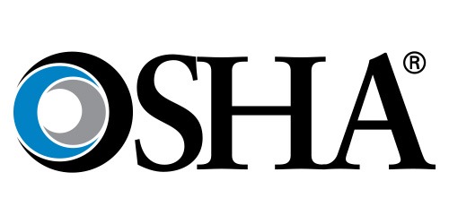 The image displays the logo for OSHA, which consists of bold black letters on a white background, along with a blue circle design featuring a white inner ring.