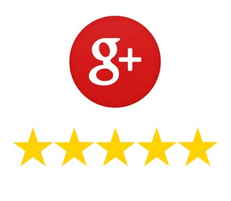 The image features a red circle with a white 'G+' symbol at the top and a row of five yellow stars beneath it, suggesting a five-star rating.