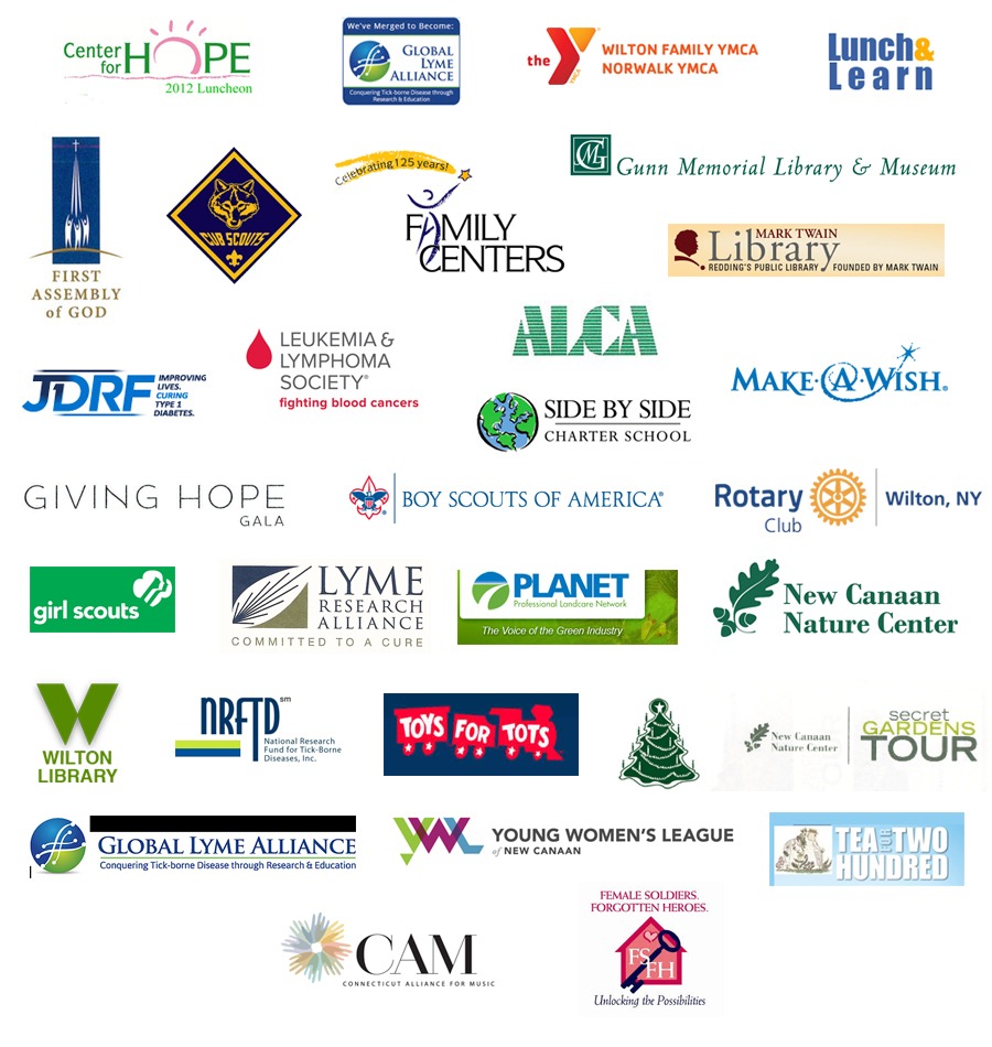 This image displays a collage of various logos from different organizations including non-profits, libraries, community service groups, and health-related associations.