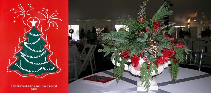 This image features a festive Christmas centerpiece with greenery, red flowers, and decorations on a table, and a poster advertising the Fairfield Christmas Tree Festival 2008.