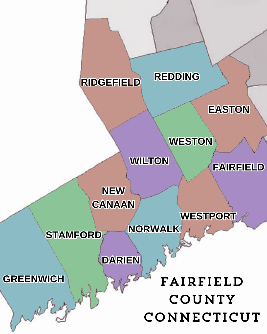 This image shows a colored map of Fairfield County, Connecticut, with labeled towns including Stamford, Norwalk, and Greenwich among others.