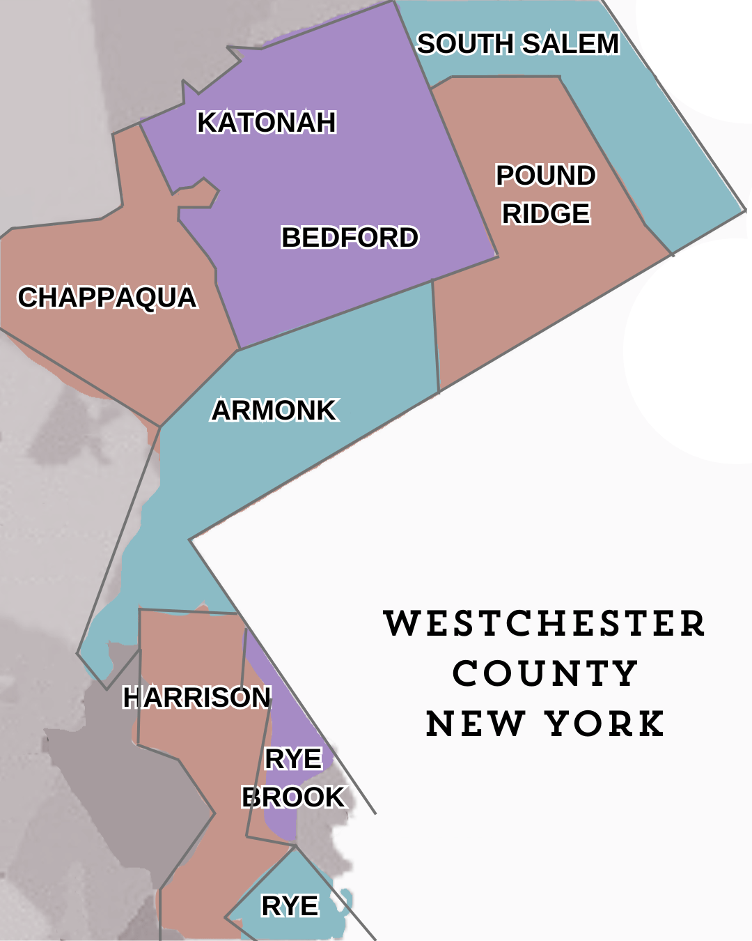 This image is a simplified map depicting various areas within Westchester County, New York, with bold labels and colored regions for easy distinction.