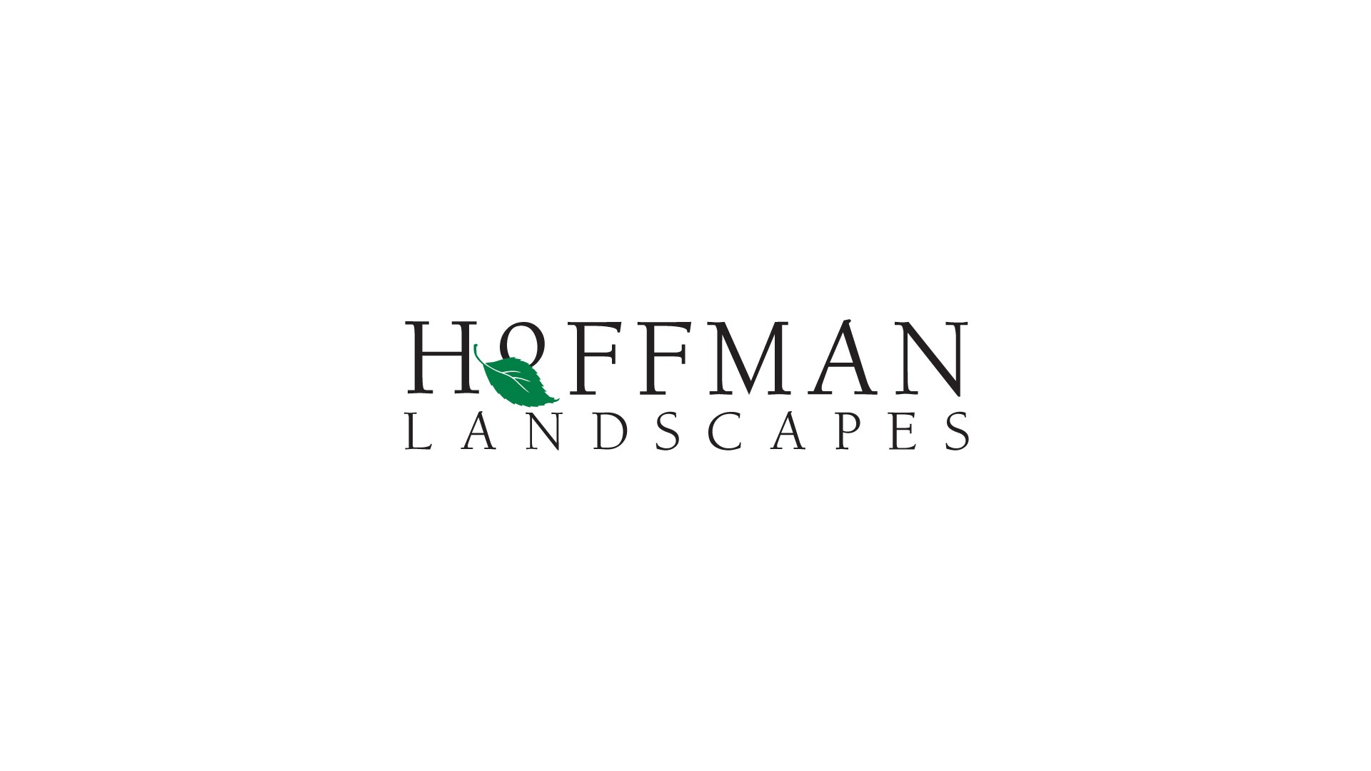 This is a simple, clean logo for "Hoffman Landscapes" featuring black text and a single green leaf integrated into the letter "O."