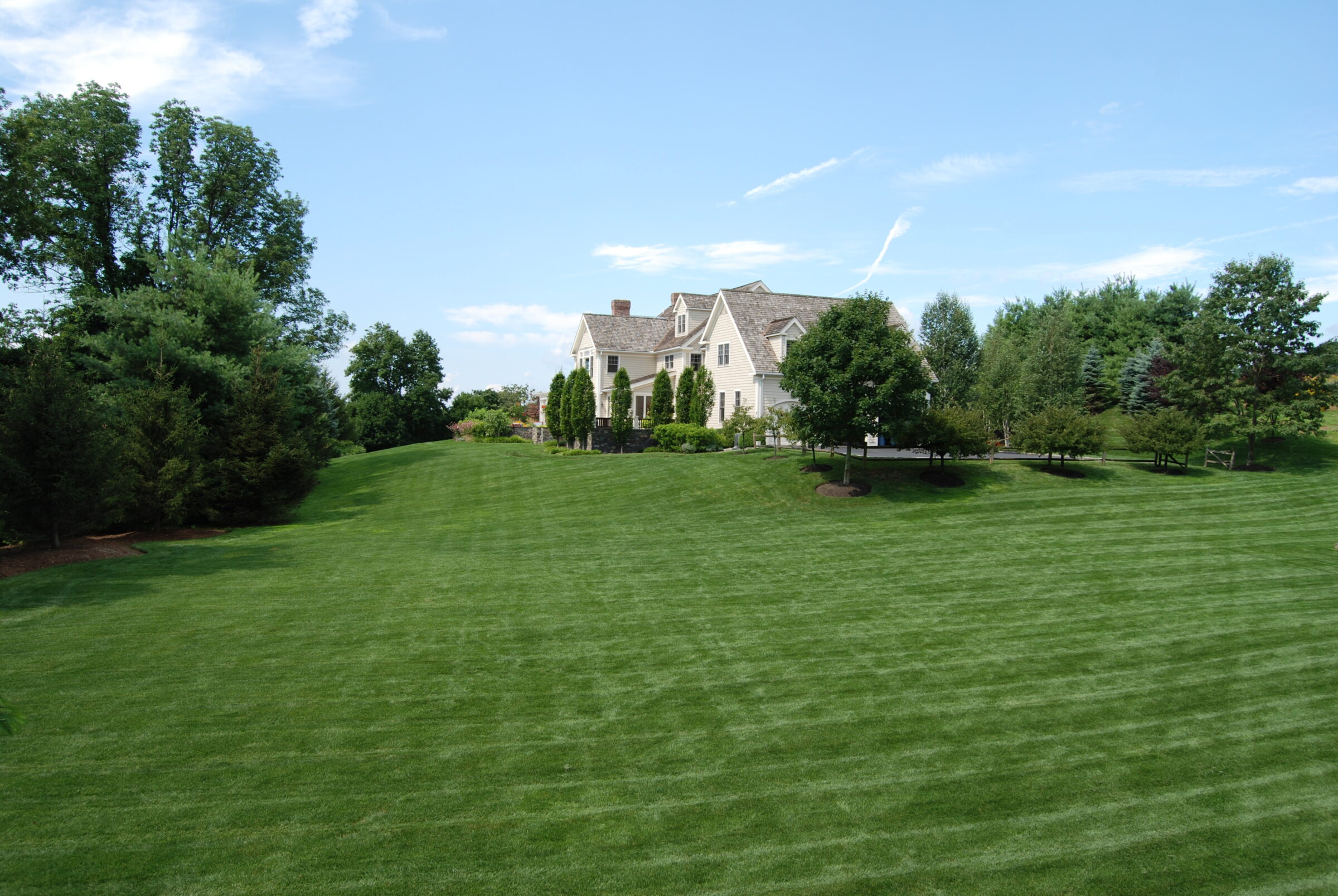 A large house with a grey roof is surrounded by lush, manicured lawns, trees, and shrubbery under a blue sky with wispy clouds.