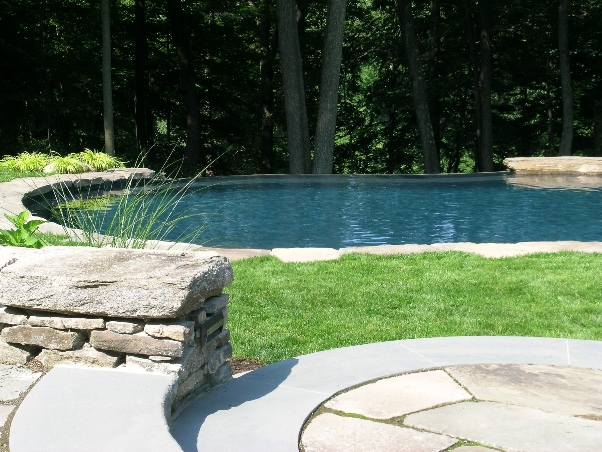 An outdoor swimming pool in a backyard with clear blue water, surrounded by green trees, landscaped grass, and a stone border. No people are visible.